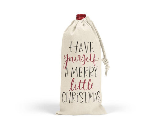 Canvas wine bag with a holiday Merry Little Christmas design and drawstring closure, perfect for festive gift gifting.