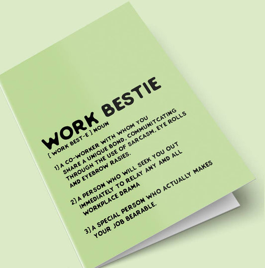 Work Bestie greeting card by Quotable Life featuring a colorful, cheerful design perfect for celebrating friendship at work.