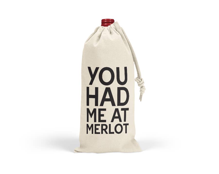 Quotable Life You Had Me At Merlot wine tote bag, canvas drawstring tote with wine-themed quote and stylish design.