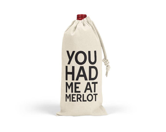 Quotable Life You Had Me At Merlot wine tote bag, canvas drawstring tote with wine-themed quote and stylish design.