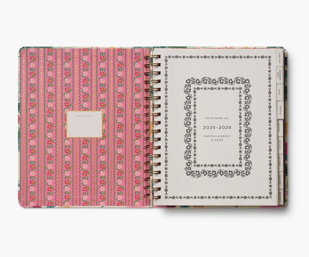 2026 Dahlia 17-Month Academic hardcover spiral planner by Rifle Paper Company with floral cover design and durable binding.