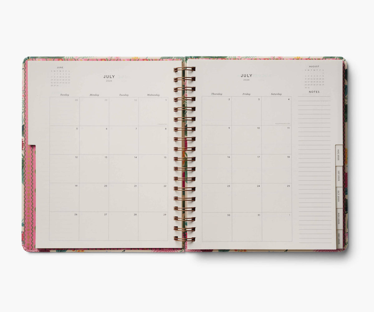 2026 Dahlia 17-Month Academic hardcover spiral planner by Rifle Paper Company with floral cover design and spiral binding.