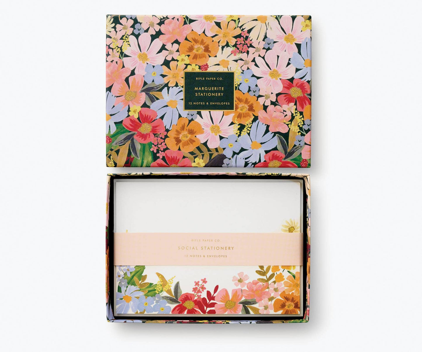 Rifle Paper Company Marguerite stationery set with floral-themed notecards and envelopes on a white background.