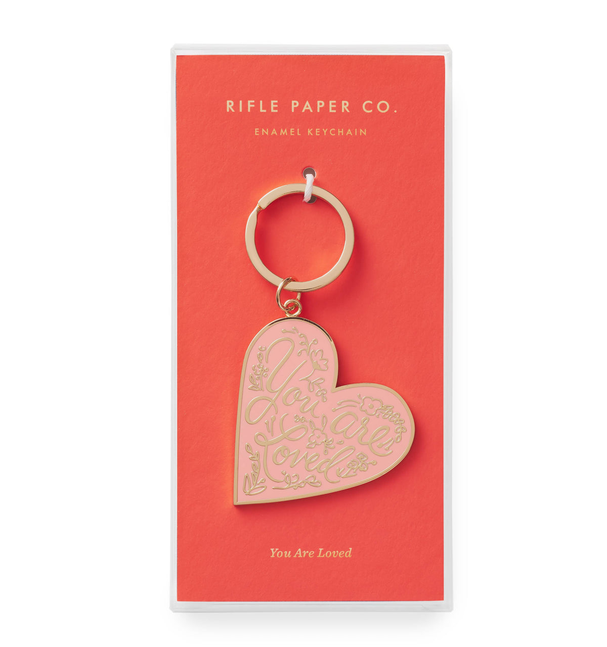 Rifle Paper Company You Are Loved keychain with gold-tone metal and engraved sentiment, featuring floral design elements.