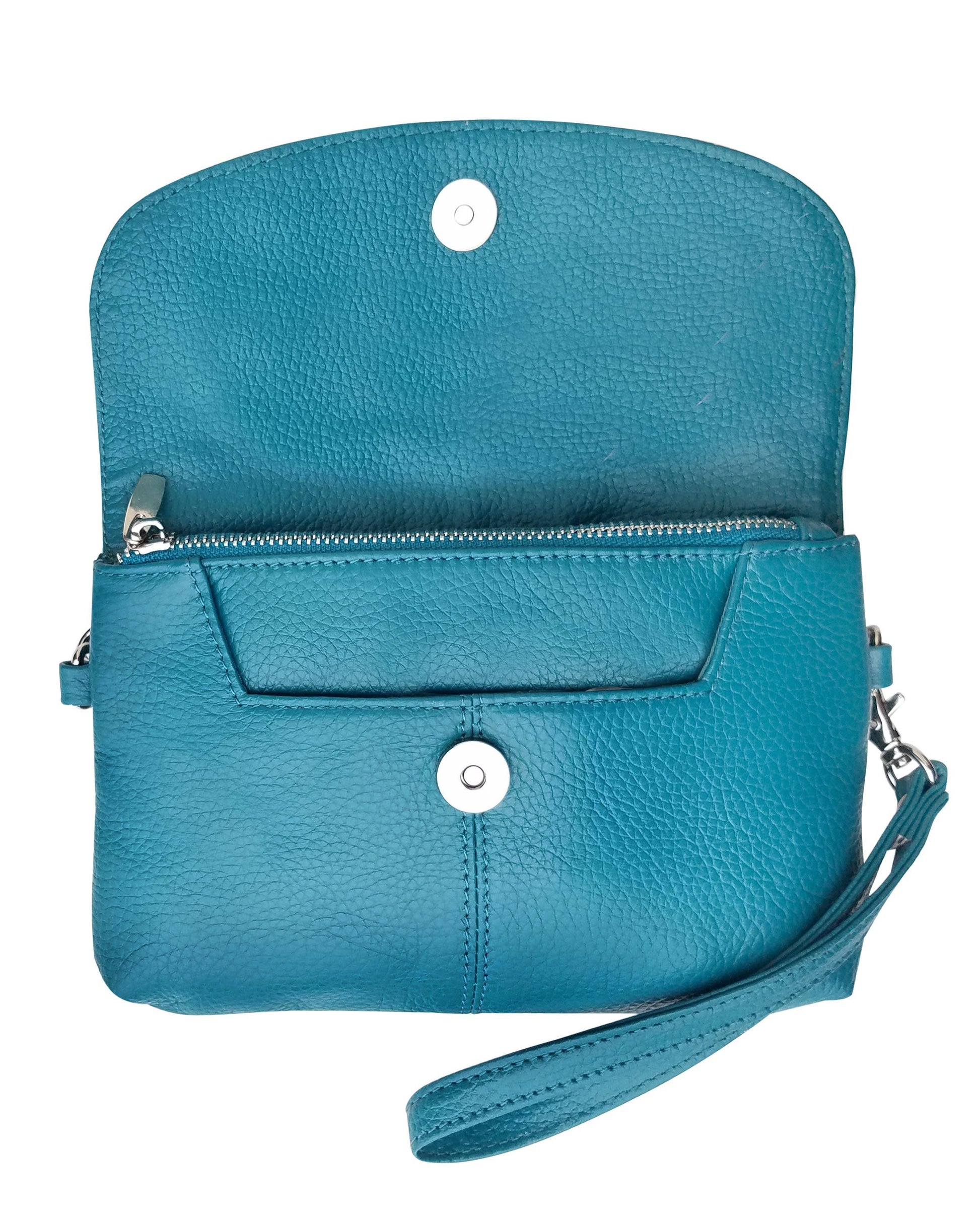Roma Leathers cowhide leather crossbody clutch bag with a sleek, textured design and adjustable strap for versatile carrying.
