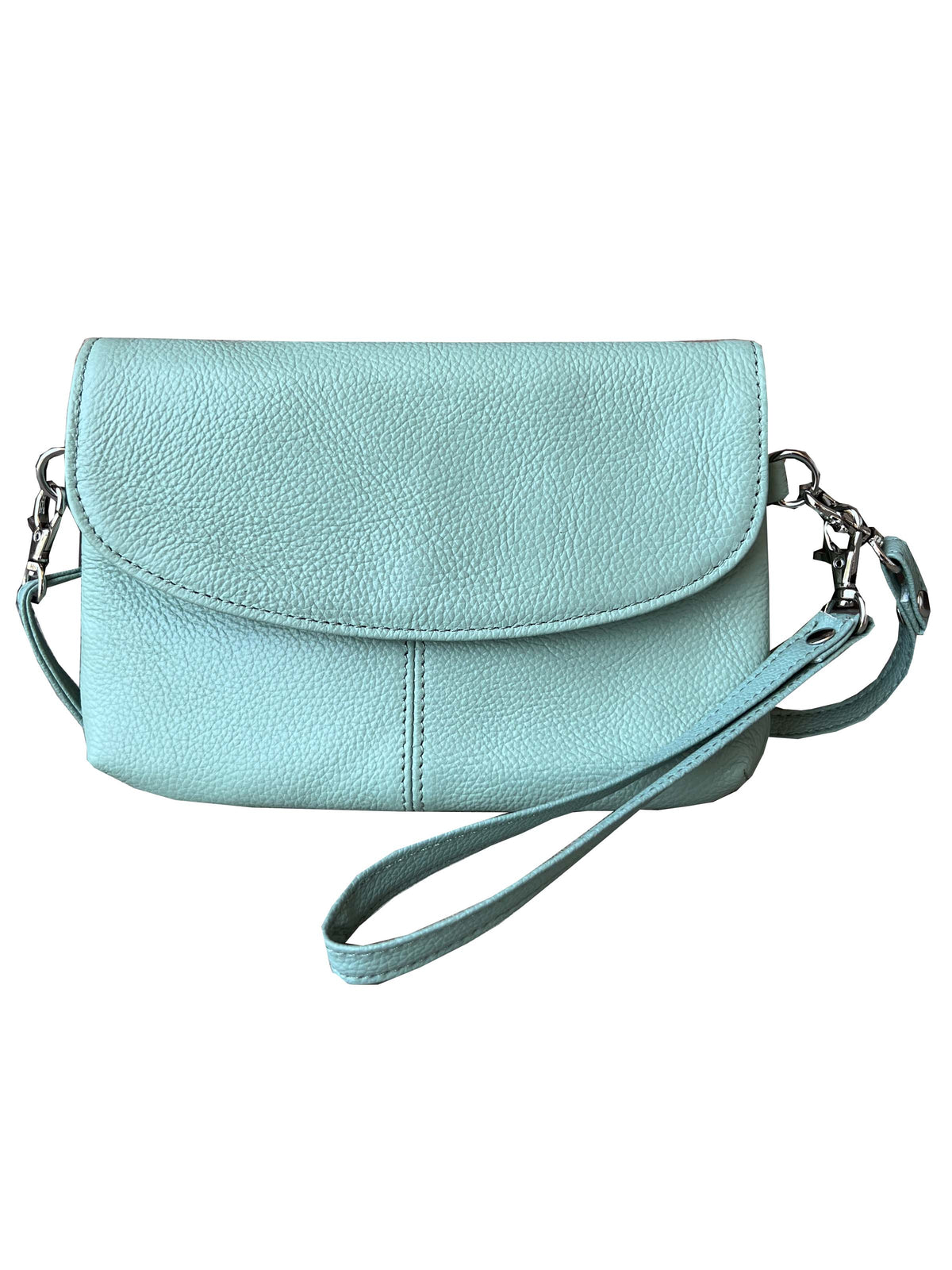 Roma Leathers cowhide leather crossbody clutch bag with a sleek design, featuring a smooth texture and compact size.