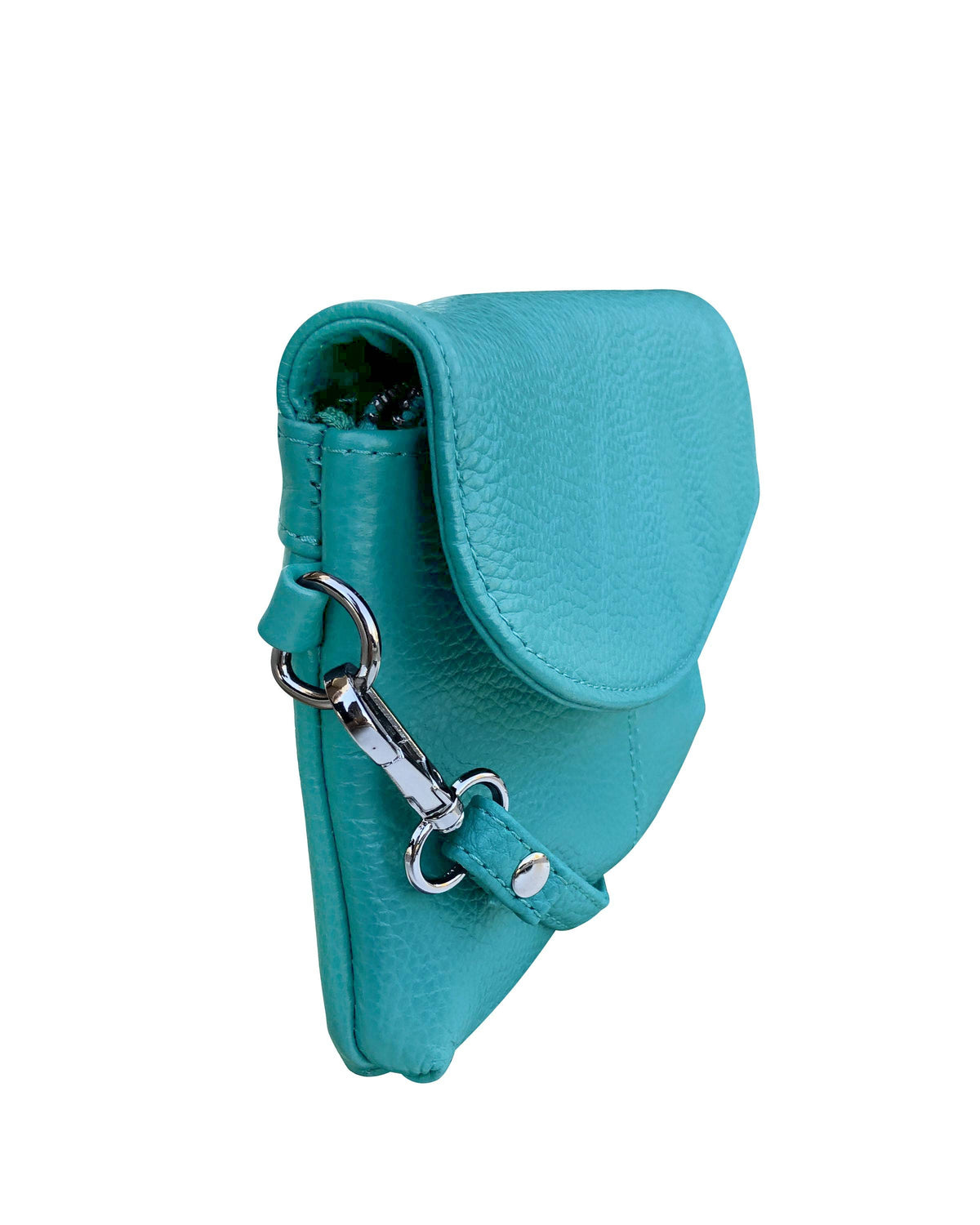 Roma Leathers cowhide leather crossbody clutch bag with sleek design and textured finish, shown with adjustable strap and compact size.
