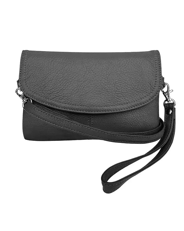 Roma Leathers cowhide leather crossbody clutch bag with sleek design and adjustable strap, showcasing fine craftsmanship.