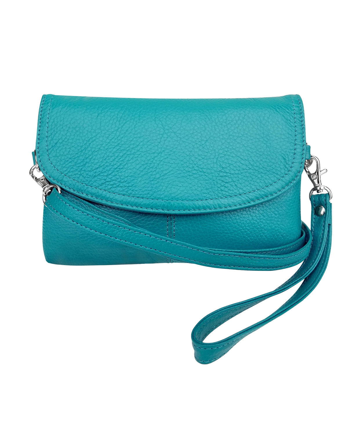 Roma Leathers cowhide leather crossbody clutch bag with sleek design and adjustable strap, showcasing its textured surface and compact style.