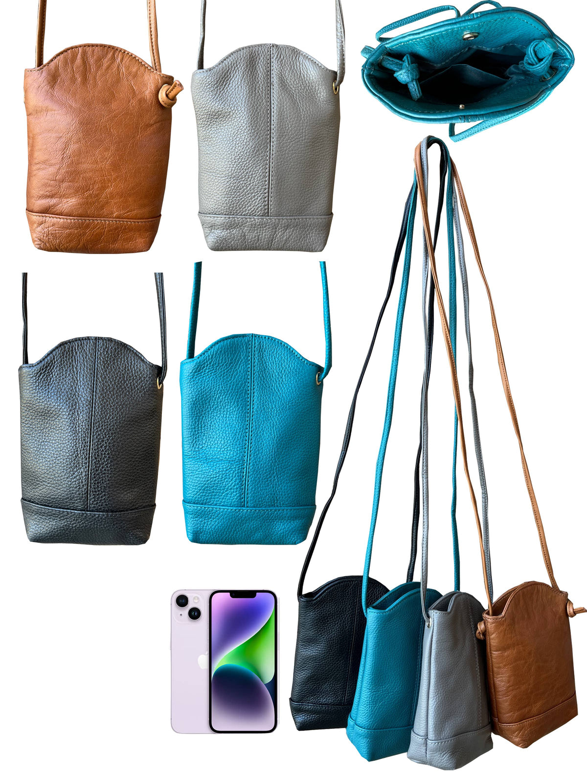 Roma Leathers small cowhide leather crossbody bag designed for phones, featuring a compact, stylish, and durable leather construction.