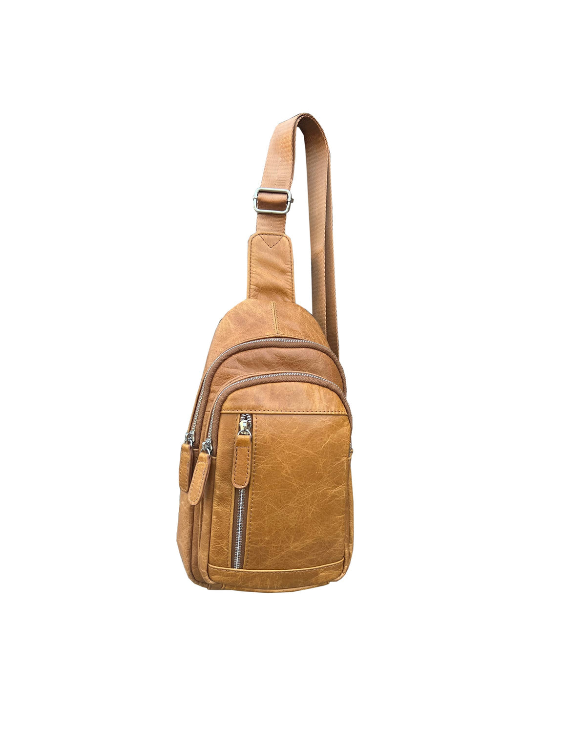 Roma Leathers cowhide leather sling bag with adjustable shoulder strap, showcasing its stylish and durable design.