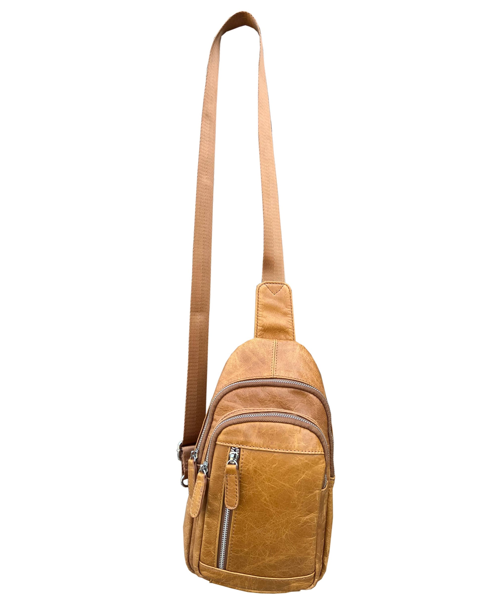 Roma Leathers cowhide leather sling bag with adjustable shoulder strap, featuring a stylish design and durable craftsmanship.