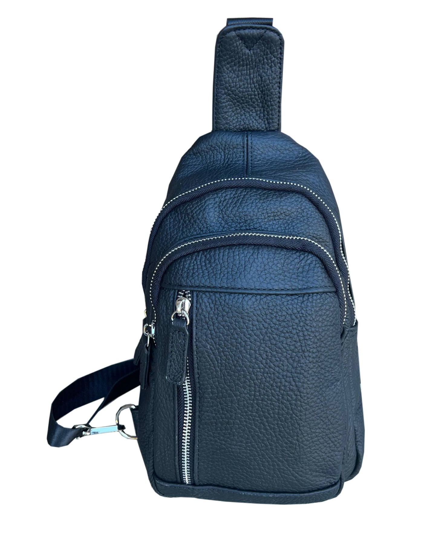 Cowhide leather sling bag with adjustable shoulder strap from Roma Leathers, Inc., featuring a sleek, stylish design.