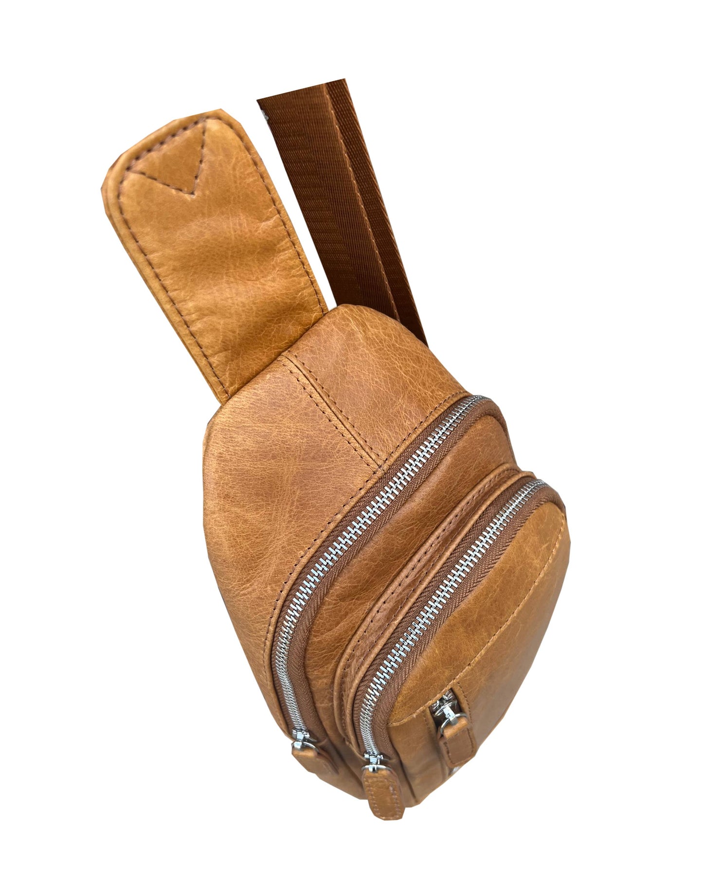 Roma Leathers cowhide leather sling bag with adjustable shoulder strap, showcasing its sleek design and high-quality craftsmanship.