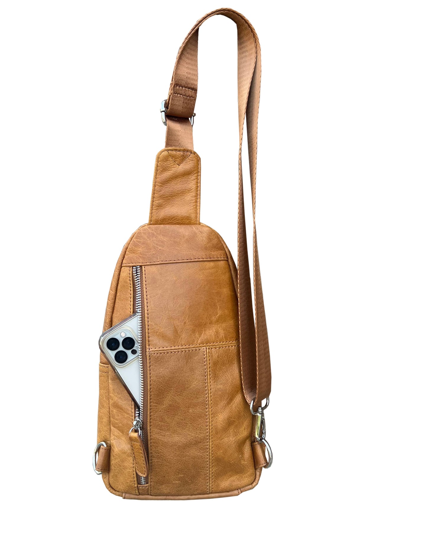 Roma Leathers cowhide leather sling bag with adjustable shoulder strap, featuring a sleek, stylish design and natural texture.