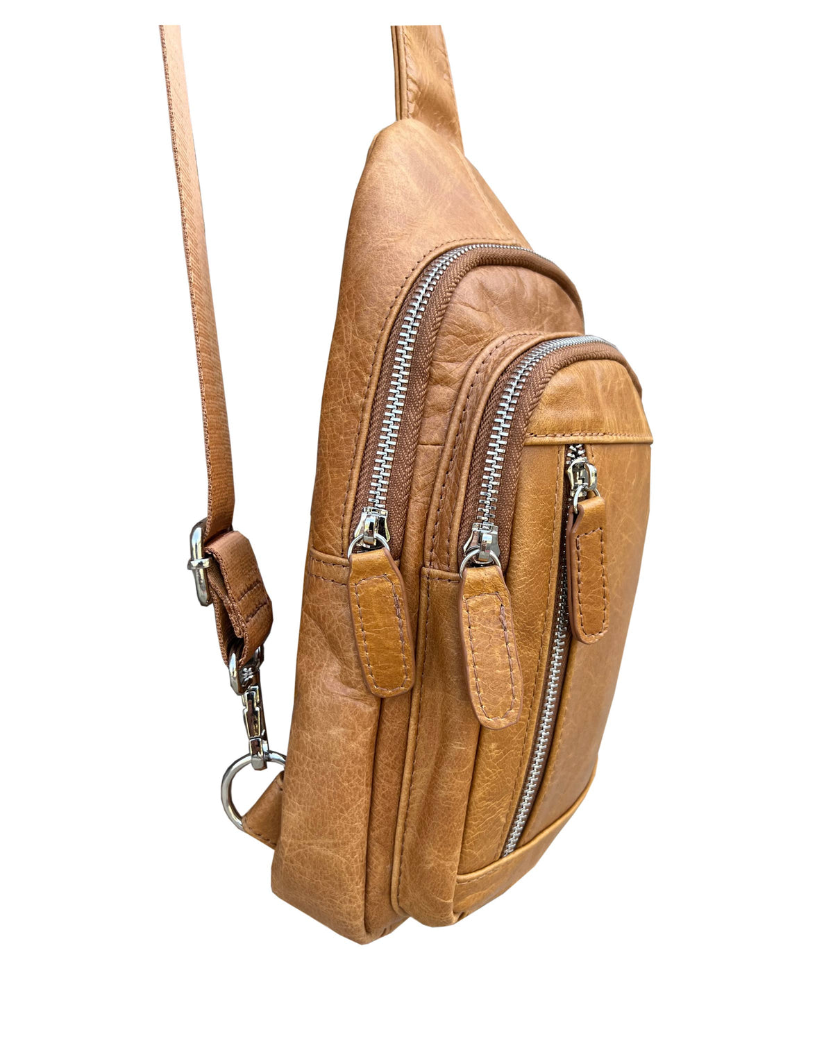 Roma Leathers cowhide leather sling bag with adjustable shoulder strap, showcasing its sleek design and high-quality craftsmanship.