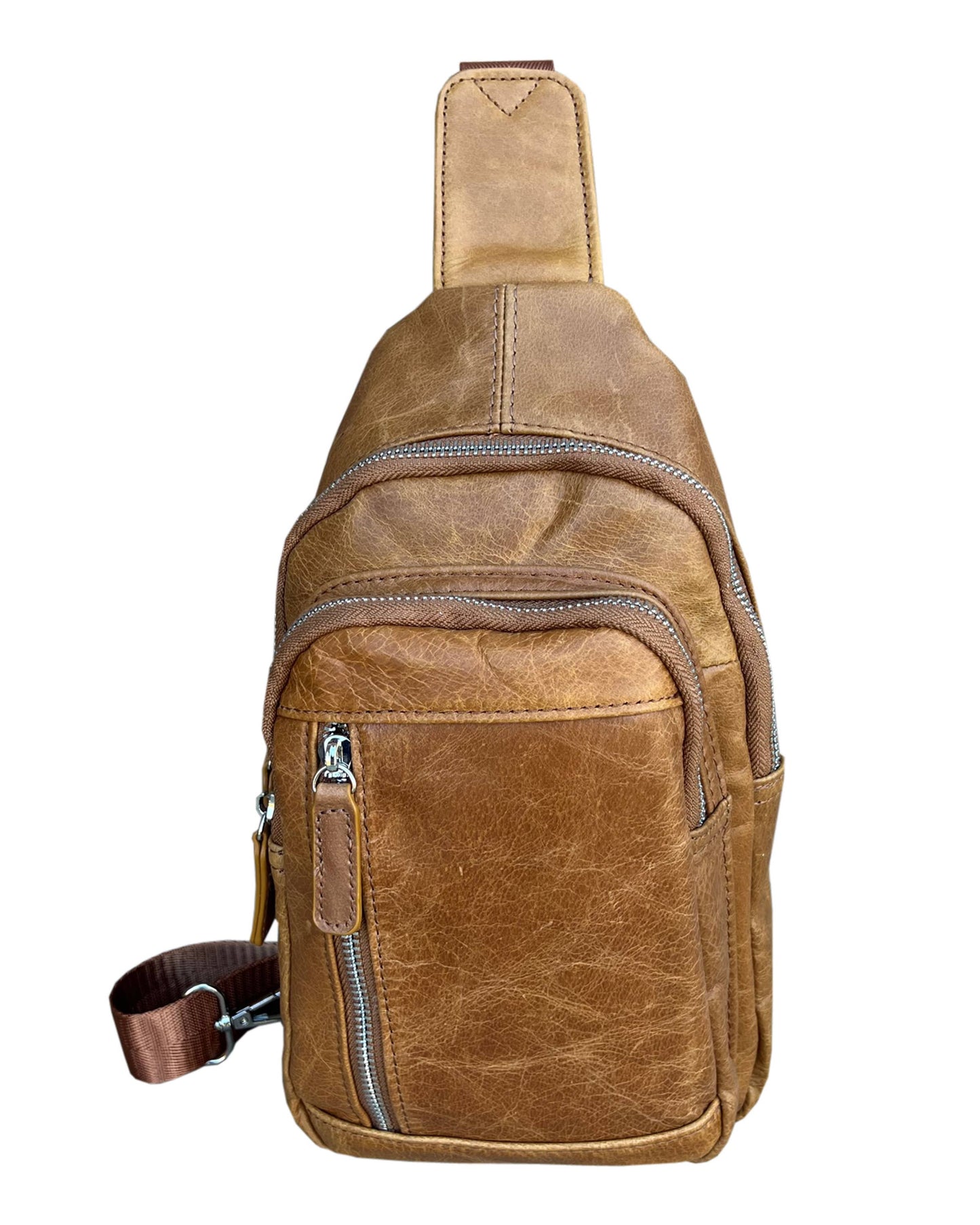 Roma Leathers cowhide leather sling bag with adjustable shoulder strap, showcasing its stylish design and rich texture.