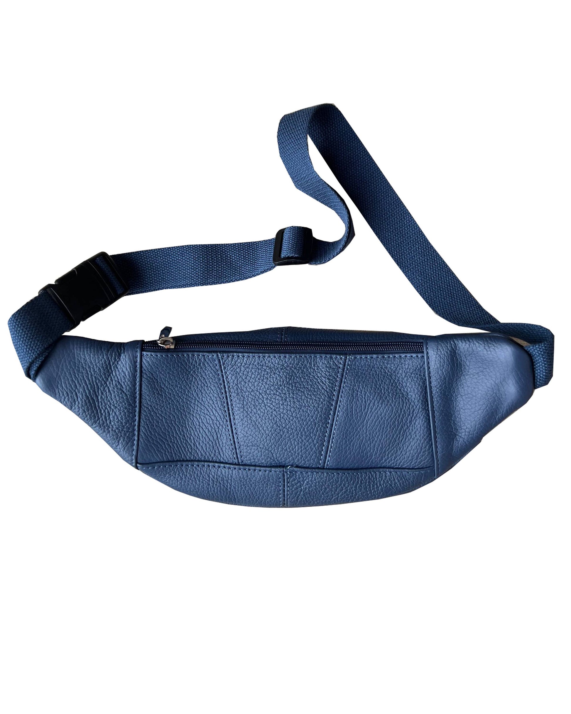 Roma Leathers mini fanny pack with adjustable strap and leather finish, designed for convenient hands-free carrying.