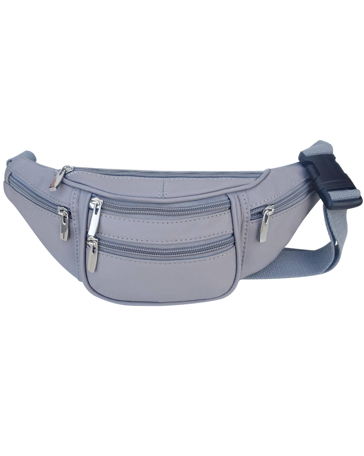 Roma Leathers mini fanny pack in black leather with adjustable strap, front zipper pocket, and compact design.