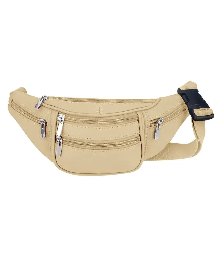 Roma Leathers mini fanny pack in brown leather with adjustable strap and front zipper pocket.
