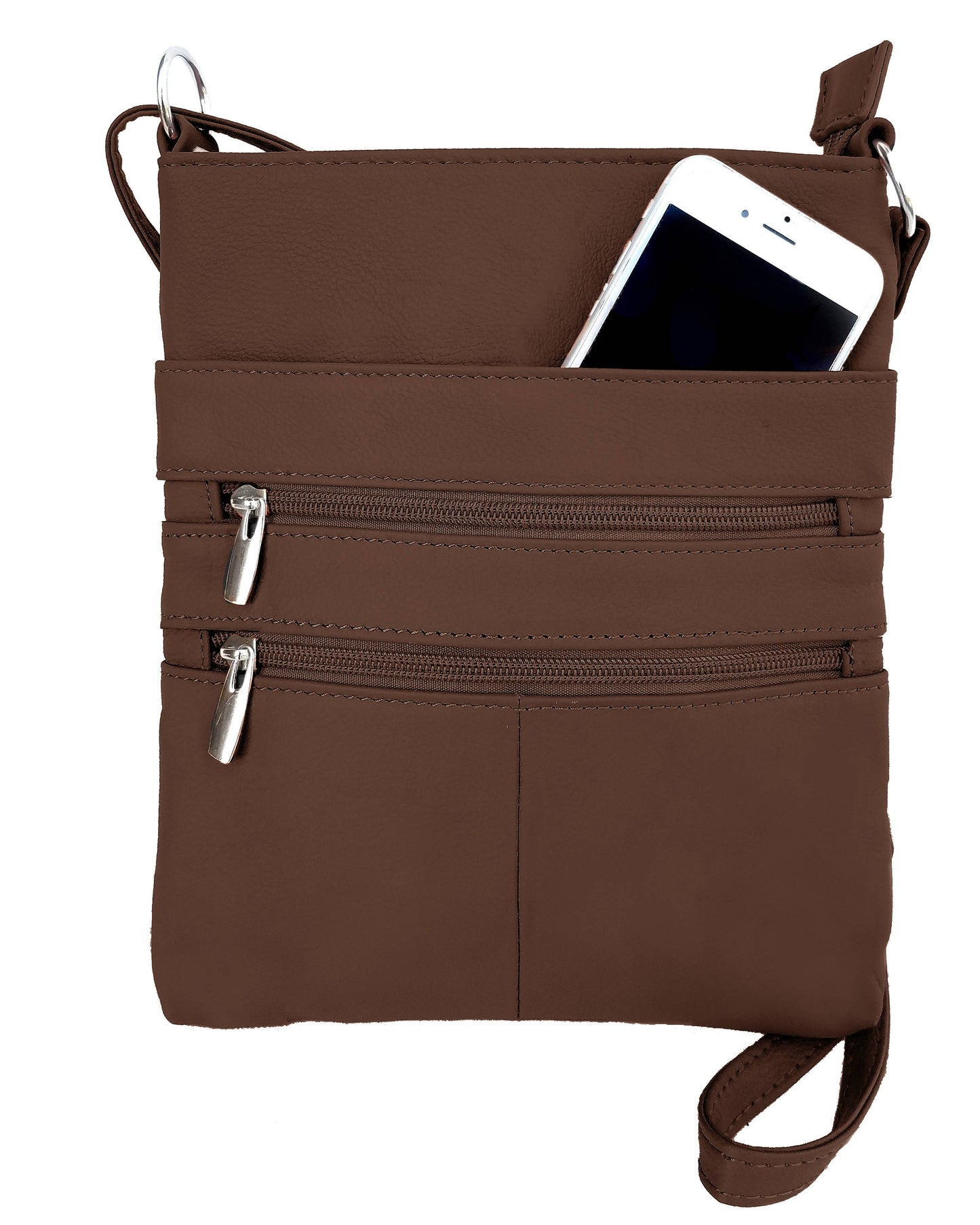 Roma Leathers cowhide leather crossbody shoulder bag with adjustable strap and spacious interior, showcasing natural leather texture.
