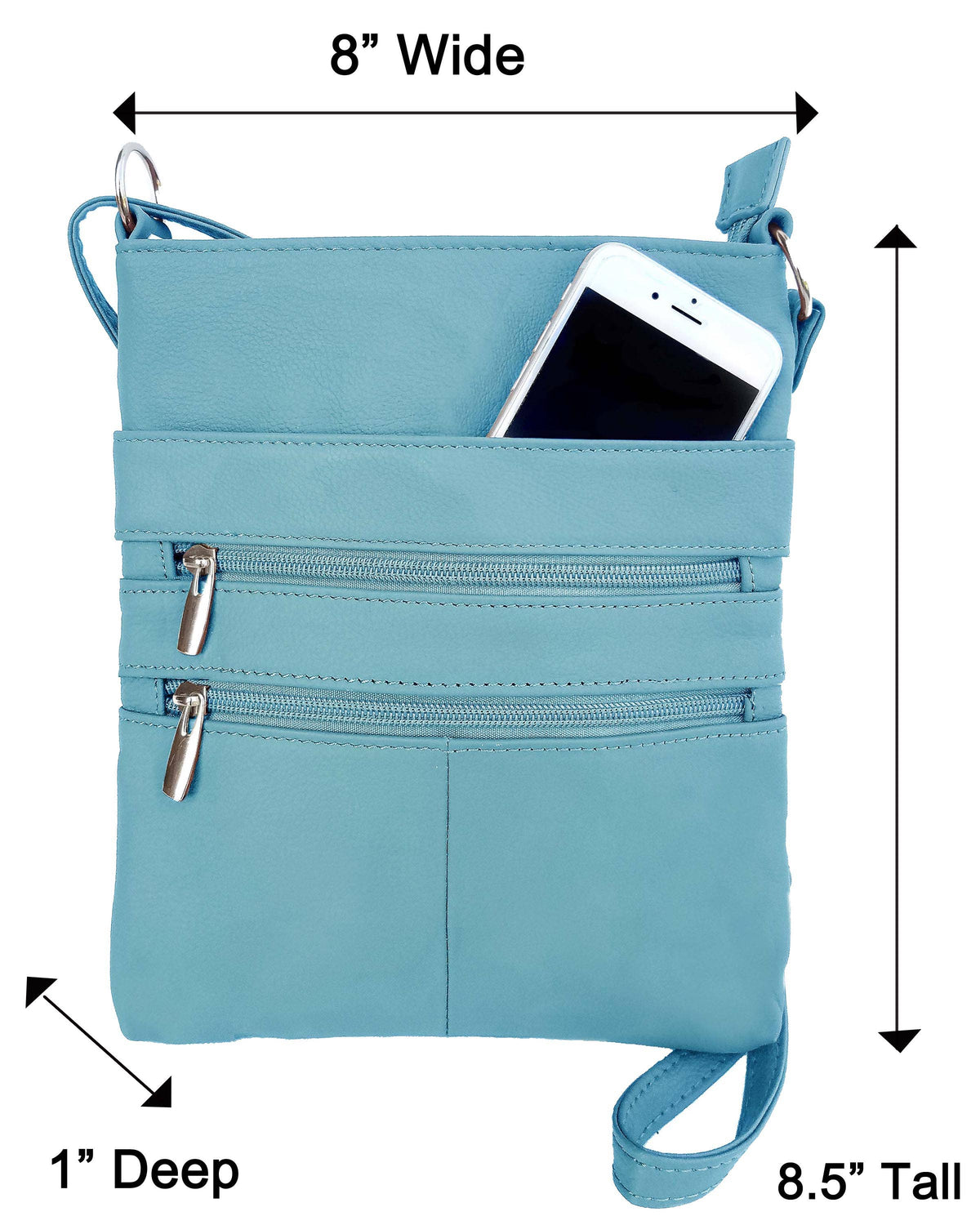 Roma Leathers cowhide leather crossbody shoulder bag with adjustable strap and sleek design, shown in natural light.