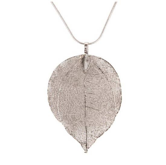 Silver 24-inch long filigree leaf necklace by S & A Fashions, featuring intricate leaf designs on a delicate chain.
