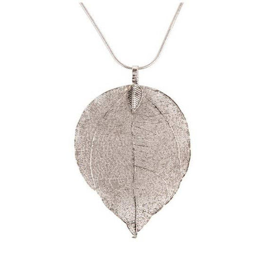 Silver 24-inch long filigree leaf necklace by S & A Fashions, featuring intricate leaf designs on a delicate chain.