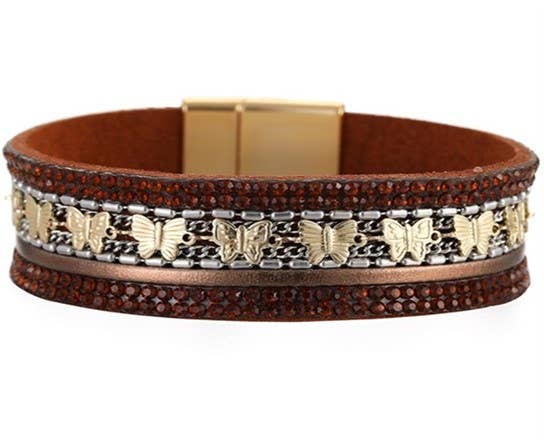 Brown leather strap bracelet with gold butterfly charm from S & A Fashions, featuring a stylish and elegant jewelry design.