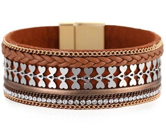Brown multi-leather bracelet with heart and crystal accents from S & A Fashions featuring intricate design and stylish details