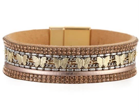 Tan leather strap and gold butterfly bracelet by S & A Fashions, featuring a delicate gold butterfly charm on a tan leather band.