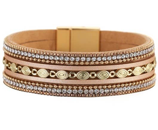 Tan leather strap bracelet with gold bead and crystal accents, stylish S & A Fashions jewelry accessory.