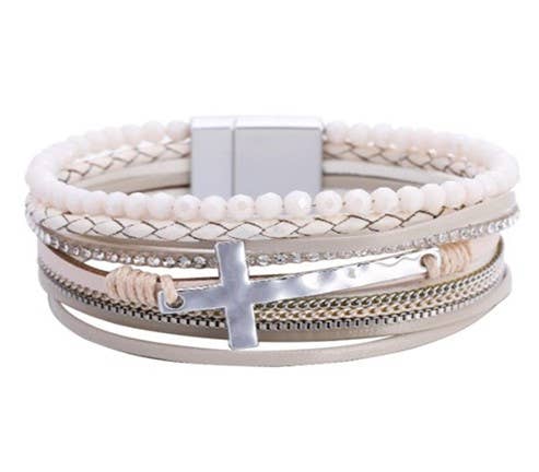 White multi-leather beaded bracelet with silver cross charm, stylish accessory by S & A Fashions