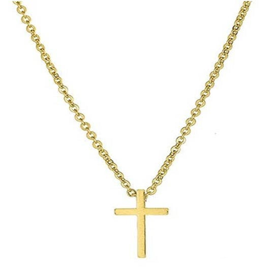 Gold cross necklace from S & A Fashions featuring a sleek metal design on a delicate chain.