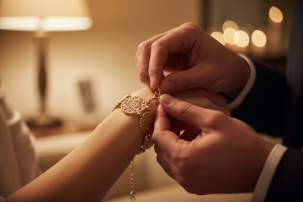 Gold filigree stretch bangle bracelet by S&A Fashions with intricate openwork design and elegant, lightweight style.