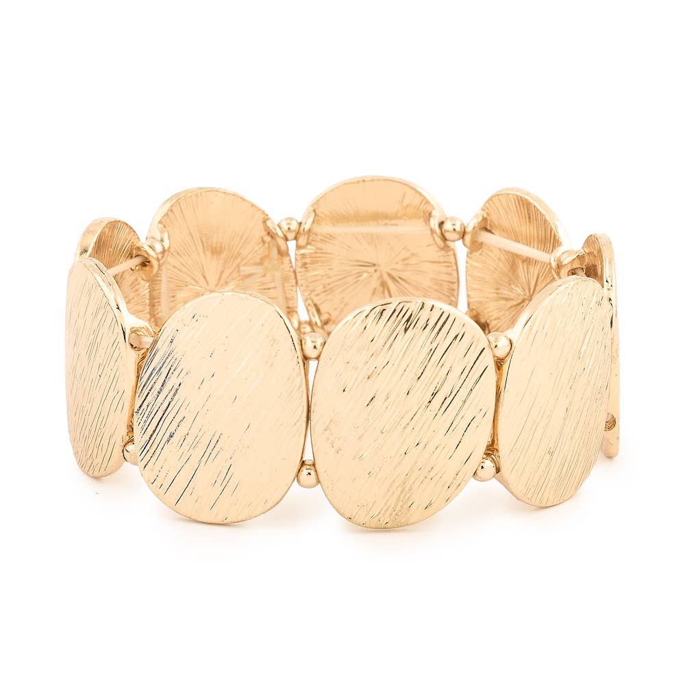 Gold textured oval stretch bracelet from S & A Fashions featuring shiny, interconnected oval links on a flexible band.
