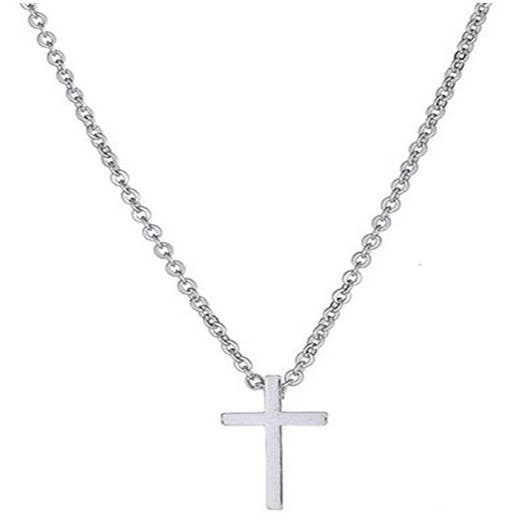 Rhodium-plated cross necklace with detailed design, featuring a sleek chain, by S & A Fashions.