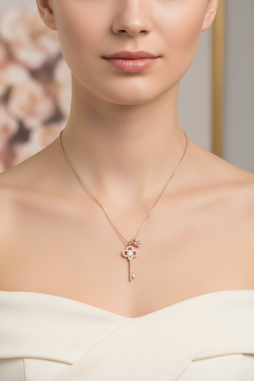 Silver crystal key and lock necklace by S&A Fashions featuring a detailed key and lock pendant on a delicate chain.
