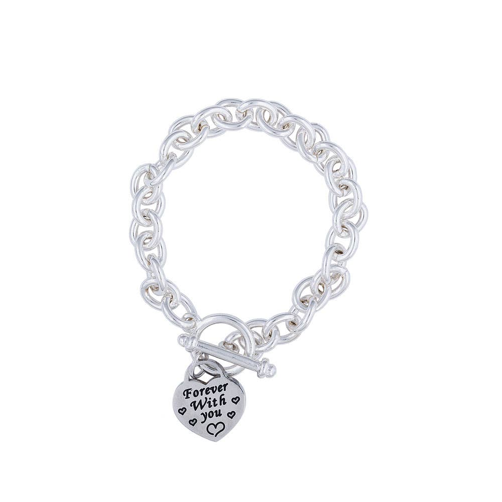 S & A Fashions Tiffany style heart tag bracelet with "Forever With You" inscription, featuring a delicate chain and heart charm.