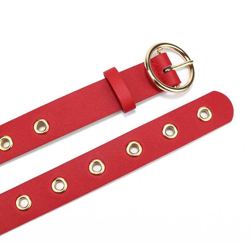 Leather belt with round buckle from SALINA TRADING INC, featuring a sleek design and classic metal buckle.