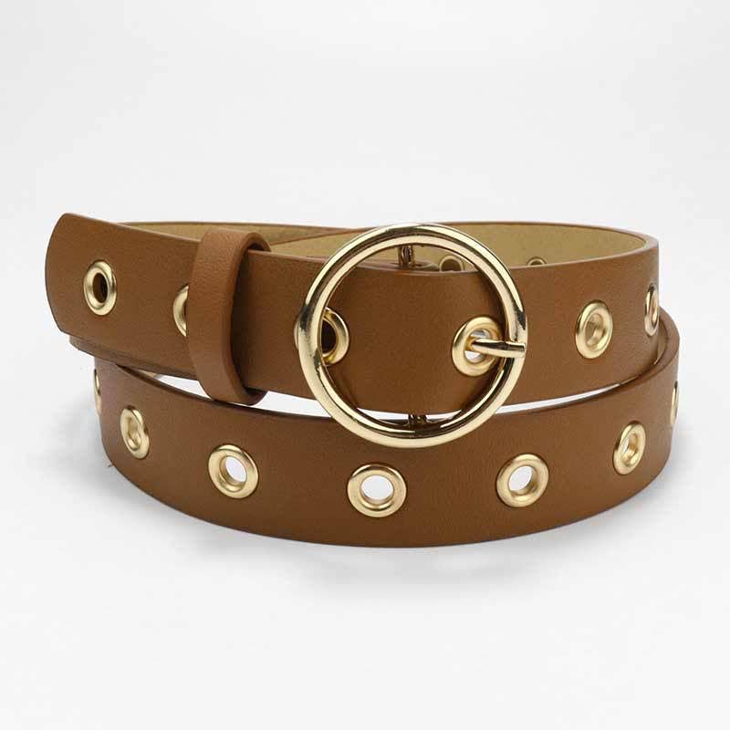 Leather belt with round buckle from SALINA TRADING INC, featuring a sleek design and classic metal buckle.
