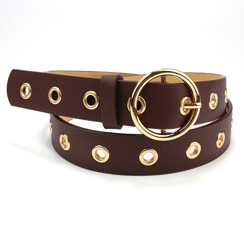 Leather belt with round buckle from SALINA TRADING INC, featuring a sleek design and adjustable fit.