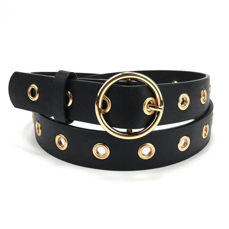Leather belt with round buckle from SALINA TRADING INC, featuring a smooth finish and classic design.
