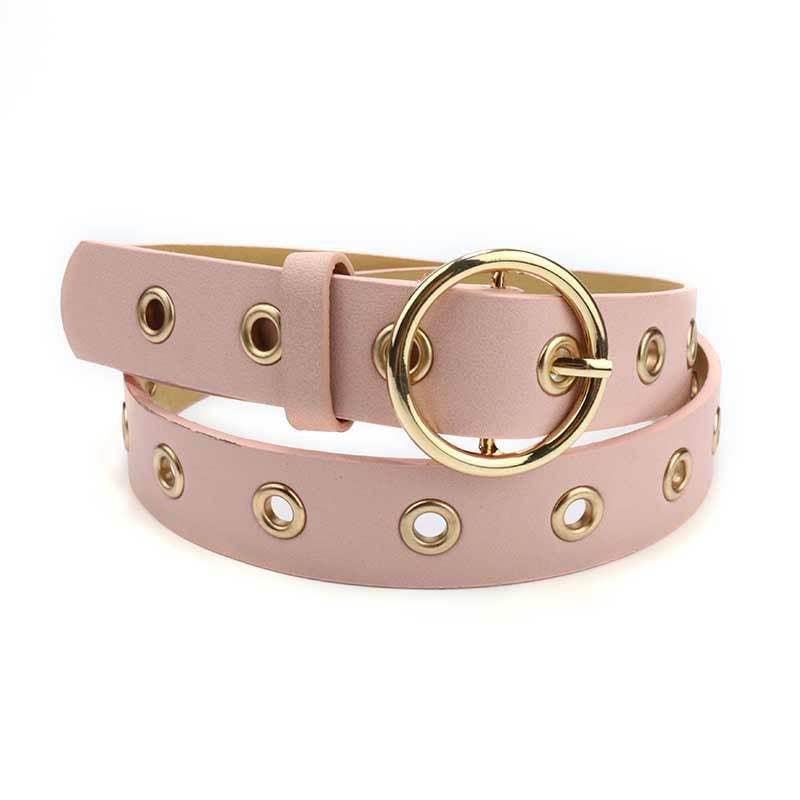Leather belt with round metal buckle from SALINA TRADING INC, featuring a smooth finish and adjustable strap.