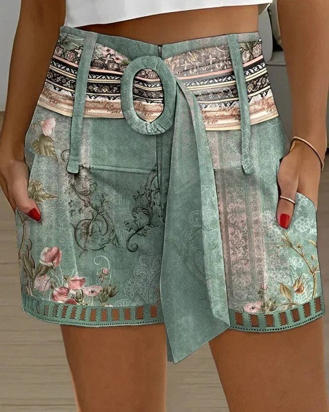 Cotton linen patchwork shorts by SALINA TRADING INC featuring a casual design with colorful patchwork fabric.