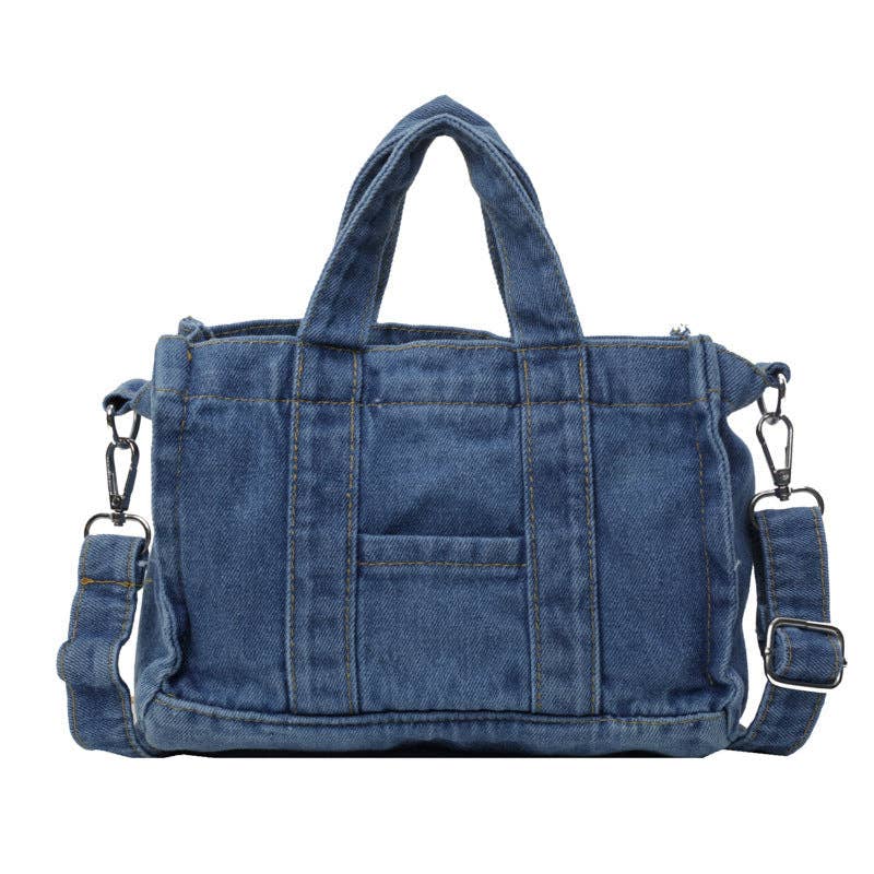 Salina Trading Inc denim handbag with woven strap and metal accents, featuring a stylish casual design and spacious interior.