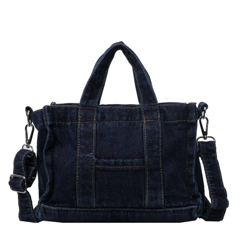 Salina Trading Inc denim handbag with stitched design, featuring sturdy handles and a spacious interior, perfect for casual outings.