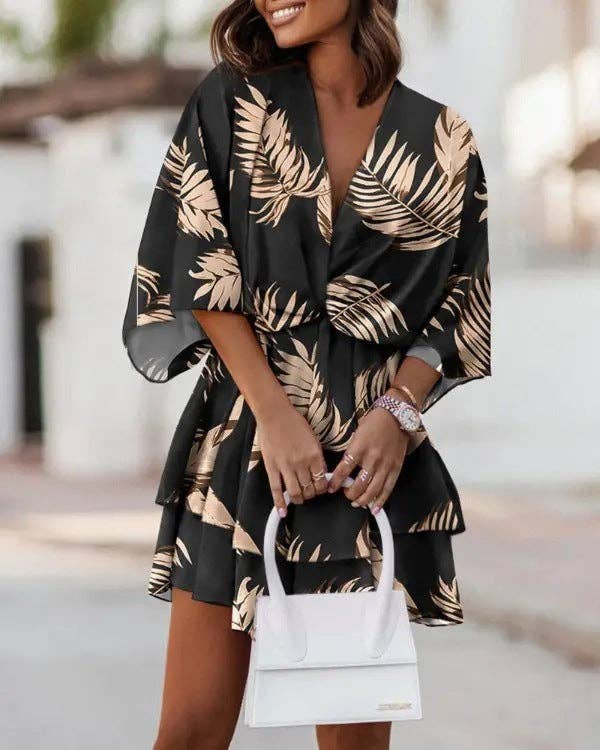 Boho V-neck dolman sleeve dress by SALINA TRADING INC, featuring a flowy fit and bohemian style with intricate patterns and soft fabric.