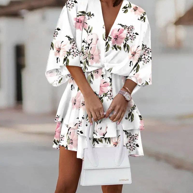Boho V-neck dolman sleeve dress by SALINA TRADING INC featuring a relaxed fit and flowing fabric in neutral tones.