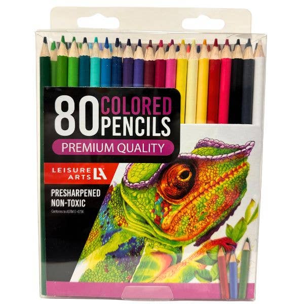 Set of 80 premium colored pencils by Leisure Arts, featuring vibrant hues and high-quality craftsmanship from St Louis Wholesale LLC.